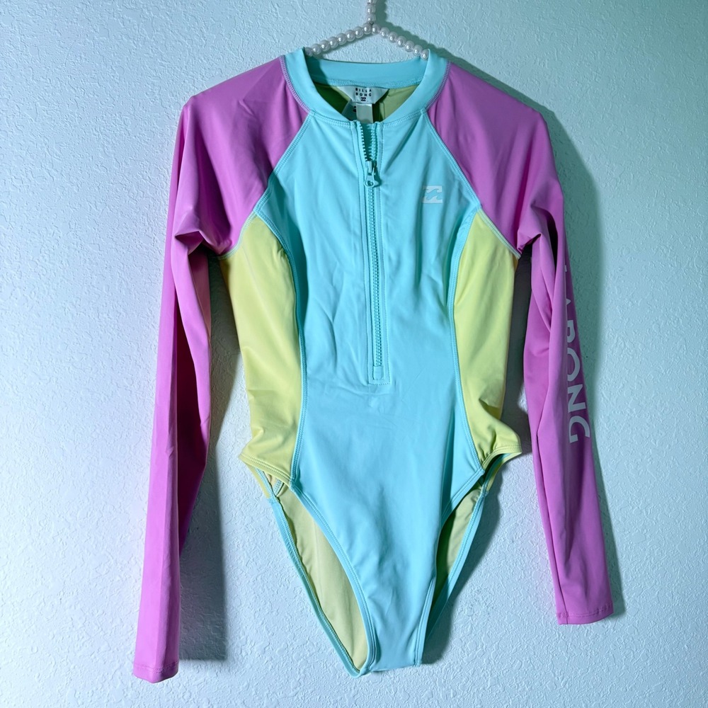 Billabong LS Tropic Body Suit S Multi New Colorblock Rash Guard Long Sleeve Zip